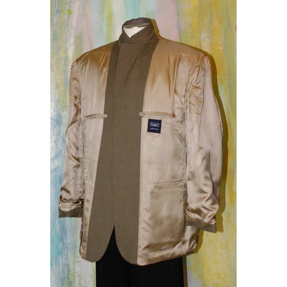 46 HAGGAR Beige Brown Blazer Mini Herringbone Academia Jacket Sport Coat TAN 46L